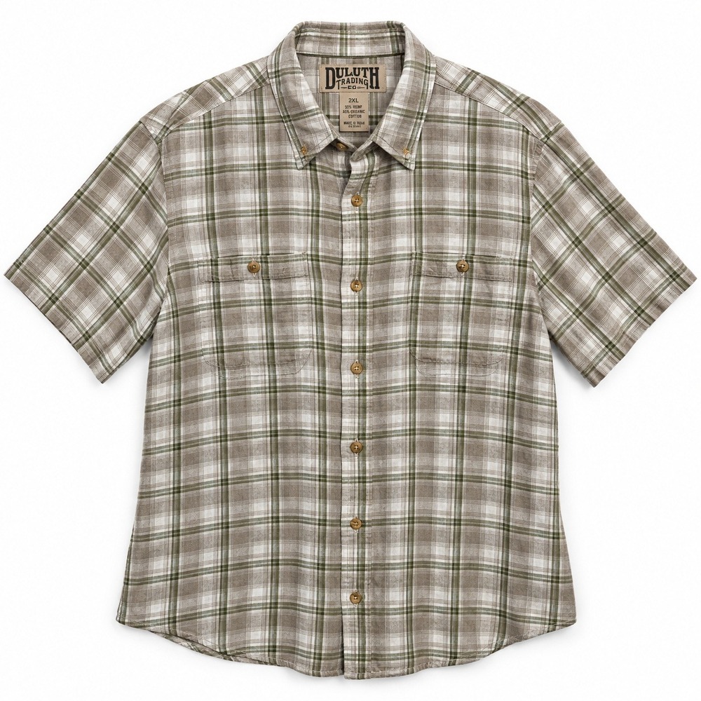 Duluth Trading Short Sleeve Button Down Shirt Mens 2XL Green Plaid Hemp Organic